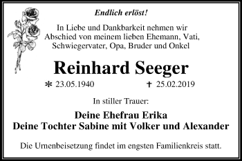 Traueranzeige von Reinhard Seeger von WVG - Wochenspiegel Dessau / Köthen