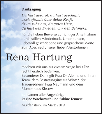 Traueranzeige von Rena Hartung von Mitteldeutsche Zeitung Bitterfeld