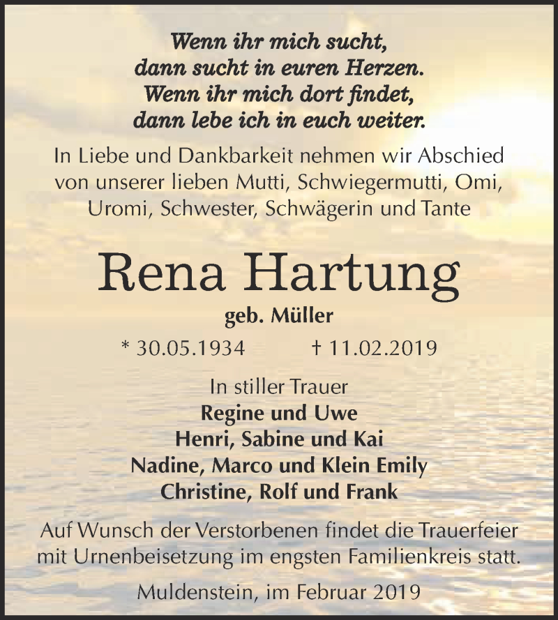  Traueranzeige für Rena Hartung vom 25.02.2019 aus WVG - Wochenspiegel Bitterfeld