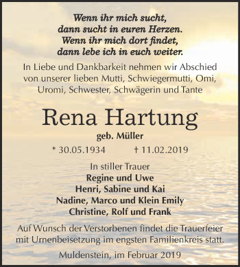 Traueranzeige von Rena Hartung von WVG - Wochenspiegel Bitterfeld