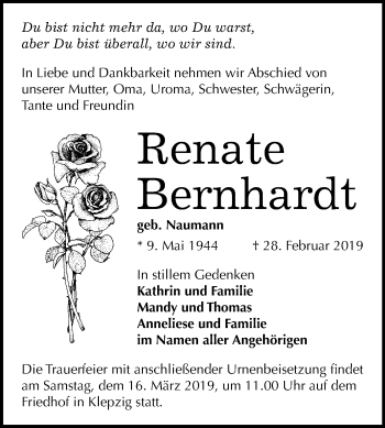 Traueranzeige von Renate Bernhardt von Mitteldeutsche Zeitung Halle/Saalkreis