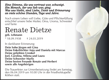 Traueranzeige von Renate Dietze von WVG - Wochenspiegel Dessau / Köthen