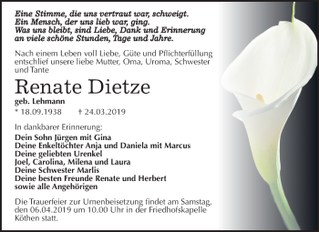 Traueranzeige von Renate Dietze von Mitteldeutsche Zeitung