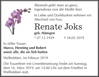 Traueranzeige von Renate Joks von Mitteldeutsche Zeitung Mansfelder Land
