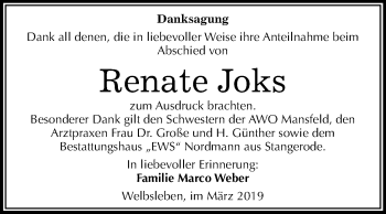 Traueranzeige von Renate Joks von Wochenspiegel Mansfelder Land