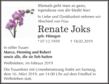 Traueranzeige von Renate Joks von Super Sonntag SGH Mansf. Land