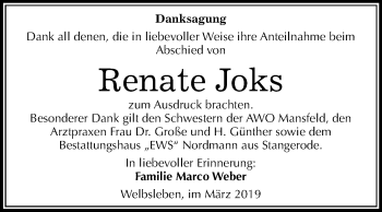 Traueranzeige von Renate Joks von Mitteldeutsche Zeitung Mansfelder Land