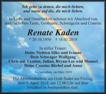Traueranzeige von Renate Kaden von Mitteldeutsche Zeitung Aschersleben