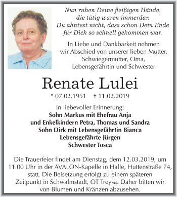 Traueranzeige von Renate Lulei von Mitteldeutsche Zeitung Merseburg/Querfurt