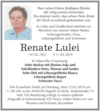 Traueranzeige von Renate Lulei von Mitteldeutsche Zeitung Halle/Saalkreis