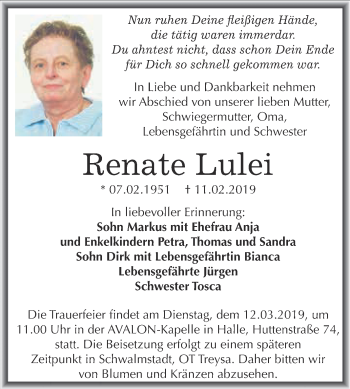 Traueranzeige von Renate Lulei von WVG - Wochenspiegel Merseburg