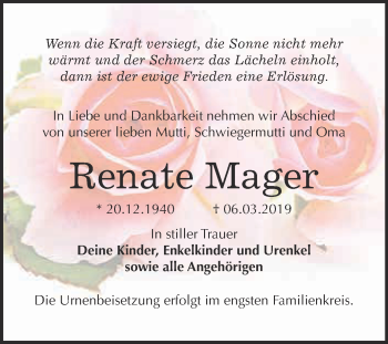 Traueranzeige von Renate Mager von WVG - Wochenspiegel Dessau / Köthen