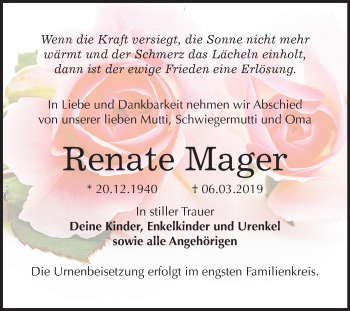 Traueranzeige von Renate Mager von Mitteldeutsche Zeitung