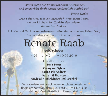 Traueranzeige von Renate Raab von WVG - Wochenspiegel Dessau / Köthen