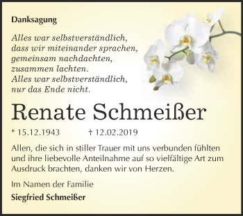 Traueranzeige von Renate Schmeißer von WVG - Wochenspiegel NMB / WSF / ZTZ
