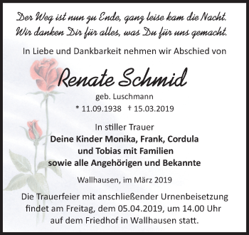 Traueranzeige von Renate Schmid von Super Sonntag SGH Mansf. Land