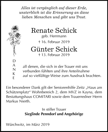 Traueranzeige von Renate und Günter Schick von Mitteldeutsche Zeitung