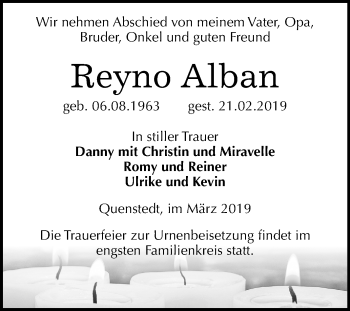 Traueranzeige von Reyno Alban von Mitteldeutsche Zeitung