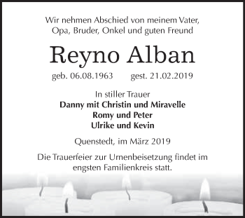Traueranzeige von Reyno Alban von Super Sonntag SGH Mansf. Land