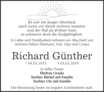 Traueranzeige von Richard Günther von WVG - Wochenspiegel Wittenberg