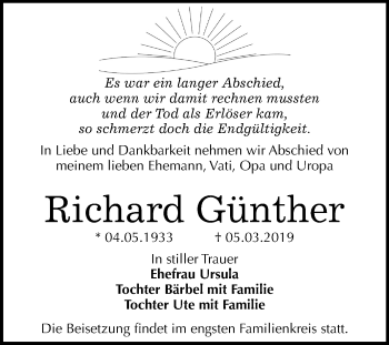 Traueranzeige von Richard Günther von Mitteldeutsche Zeitung