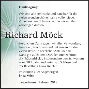 Traueranzeige von Richard Möck von Super Sonntag SGH Mansf. Land
