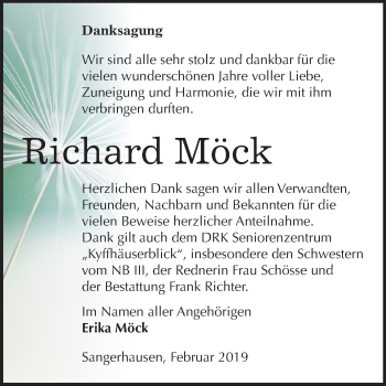 Traueranzeige von Richard Möck von Mitteldeutsche Zeitung Sangerhausen