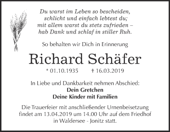 Traueranzeige von Richard Schäfer von WVG - Wochenspiegel Dessau / Köthen