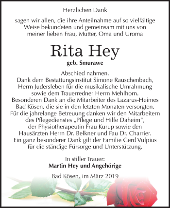 Traueranzeige von Rita Hey von Mitteldeutsche Zeitung