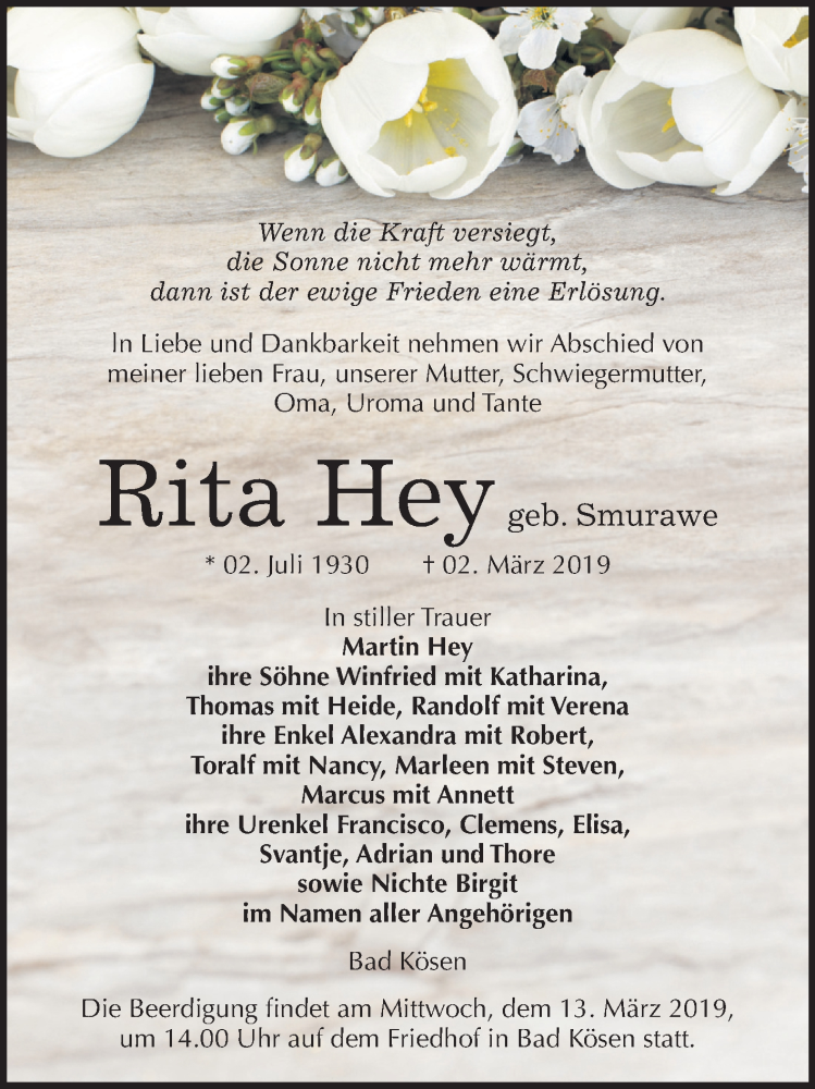 Traueranzeigen von Rita Hey