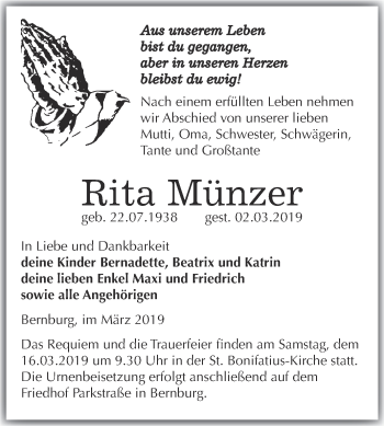 Traueranzeige von Rita Münzer von Super Sonntag Bernburg