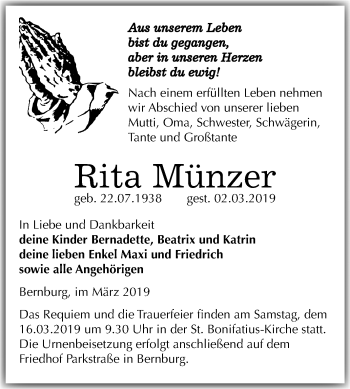 Traueranzeige von Rita Münzer von Mitteldeutsche Zeitung Bernburg