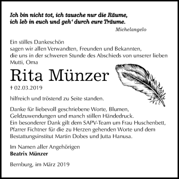 Traueranzeige von Rita Münzer von Mitteldeutsche Zeitung