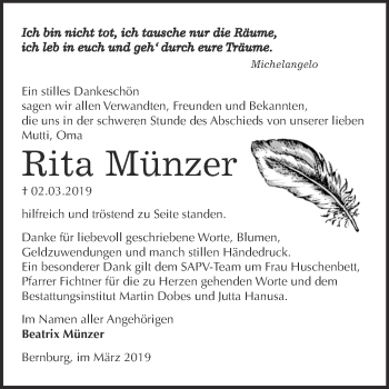 Traueranzeige von Rita Münzer von Super Sonntag Bernburg