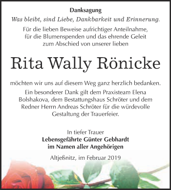 Traueranzeige von Rita Wally Rönicke von WVG - Wochenspiegel Bitterfeld