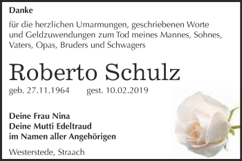 Traueranzeige von Roberto Schulz von Super Sonntag Wittenberg