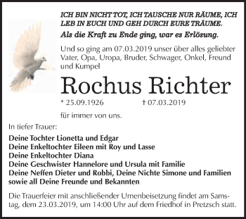 Traueranzeige von Rochus Richter von WVG - Wochenspiegel Wittenberg