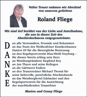 Traueranzeige von Roland Fliege von WVG - Wochenspiegel NMB / WSF / ZTZ