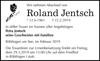 Traueranzeige von Roland Jentsch von Super Sonntag SGH Mansf. Land