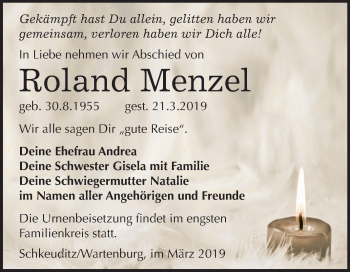 Traueranzeige von Roland Menzel von Mitteldeutsche Zeitung