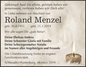 Traueranzeige von Roland Menzel von Super Sonntag Wittenberg