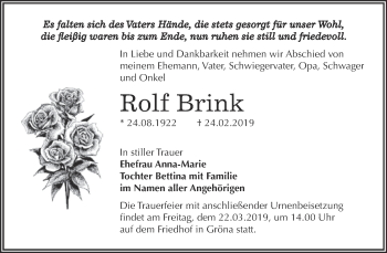 Traueranzeige von Rolf Brink von Super Sonntag Bernburg