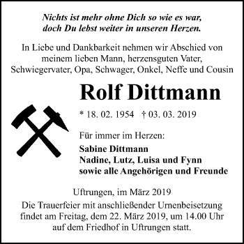 Traueranzeige von Rolf Dittmann von Super Sonntag SGH Mansf. Land