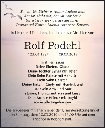 Traueranzeige von Rolf Podehl von Mitteldeutsche Zeitung Bitterfeld