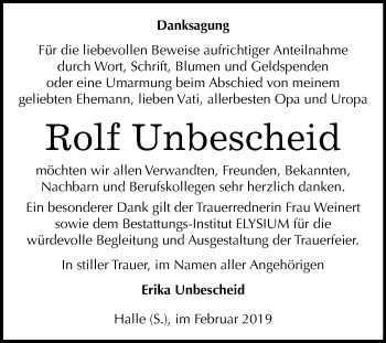Traueranzeige von Rolf Unbescheid von Mitteldeutsche Zeitung
