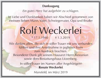 Traueranzeige von Rolf Weckerlei von Wochenspiegel Mansfelder Land