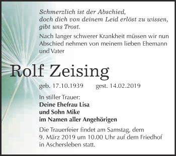 Traueranzeige von Rolf Zeising von WVG - Wochenspiegel Aschersleben