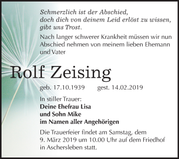 Traueranzeige von Rolf Zeising von Mitteldeutsche Zeitung