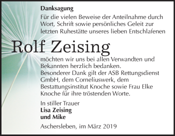 Traueranzeige von Rolf Zeising von Mitteldeutsche Zeitung Aschersleben