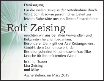 Traueranzeige von Rolf Zeising von WVG - Wochenspiegel Aschersleben